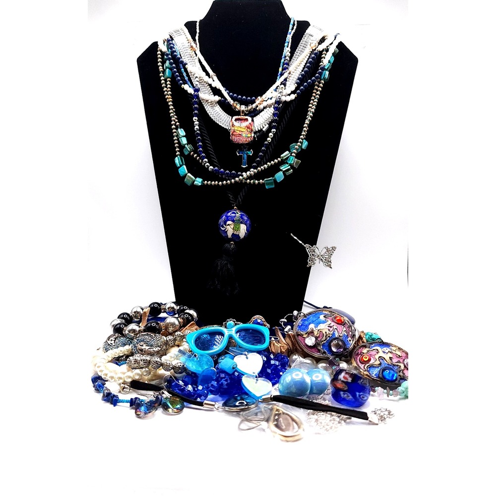 35pc Mixed Jewelry Lot Blue Vintage Modern Necklaces Bracelets Earrings - Picture 2 of 10